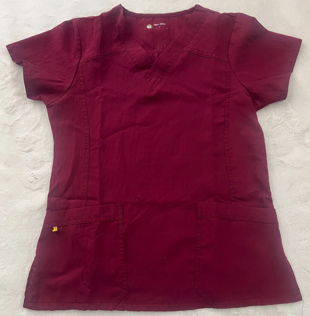 WonderWink Four-Stretch Womens Burgundy Scrub Top Size Small V Neck Pockets